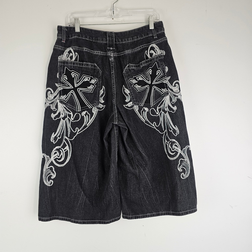 Romwe Womens Black Denim Y2K Embroidered Cross Wide Leg Shorts Size L 8/10